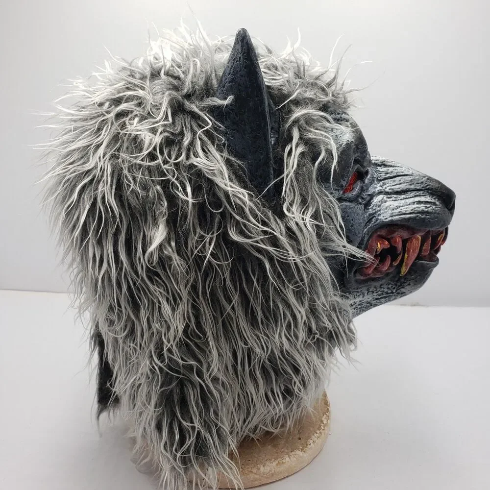 Hungry Howler Werewolf Mask Halloween Monster Full Head Faux Fur Fangs Grey OS